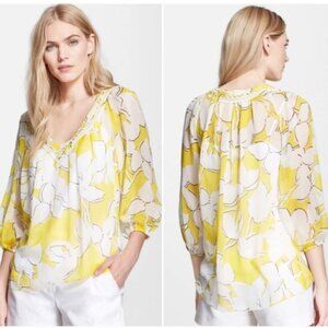 Diane von Furstenberg Yellow Canary Floral Silk Blouse - Size M